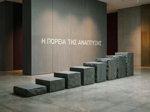 Επτά διαδοχικά επίπεδα από αφαιρετικές γεωμετρικές επιφάνειες σε ουδέτερο χώρο.