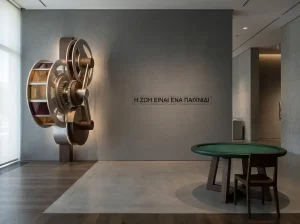 Αφαιρετική σκηνή με περιστρεφόμενους κυλίνδρους παιχνιδιών και τραπέζι καρτών χωρίς αναγνωρίσιμα σήματα.