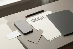 Ουδέτερη σύνθεση με κινητό και κενές φόρμες προσωπικών στοιχείων πάνω σε γραφείο.